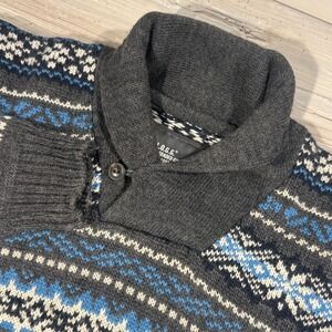 H&M L.O.G.G. Fair Isle Shawl Collar Sweater Blue Grey White Wool Blend Men Sz XL